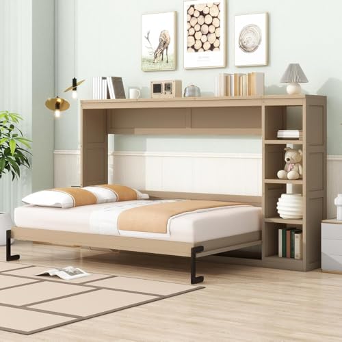 Virubi Full Horizontal Murphy Bed with Storage Shelves,Wood Fold Up Modern Murphy Wall Bed Cabinet with Storage Bookcase for Adults (Natural,Full) Virubi