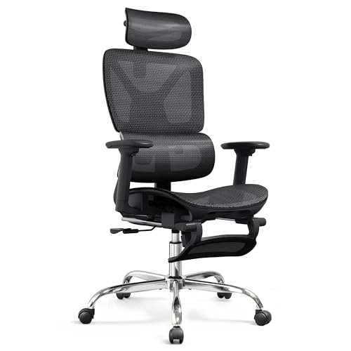 DEVAISE Ergonomic Mesh Office Desk Chair with a Footrest, Heavy Duty, High Back Reclining Swivel Comfy Home Computer Chair with Lumbar Support, SGS Class 4 Gas Lift, for Work Home Office, Black DEVAISE