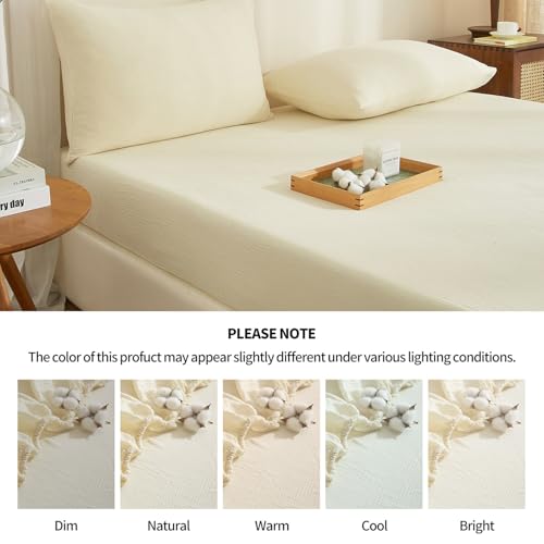 100% Muslin Cotton Cream Fitted Sheet Twin Only with 16" Elastic Deep Pocket, 1 Pack Soft Breathable Absorbent Gauze Single Fitted Bottom Sheet, Minimalist Fluffy Wrinkle Mattress Protector YASMENG