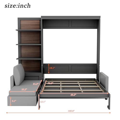 Ball & Cast Murphy Bed Queen Size Wall Bed with Sofa,Wood Murphy Bed,Platform Bedfram Chest can be Folded,Hideaway Cabinet w/Shelves and Slat Support,Space-Saving Furniture for Study,Office,Gray Ball & Cast