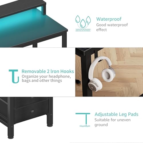 Lufeiya Gaming Desk with LED Lights and Power Outlets, 47 inch Computer Desk with Fabric Drawers, Reversible Home Office Desk with Monitor Stand, Black Lufeiya