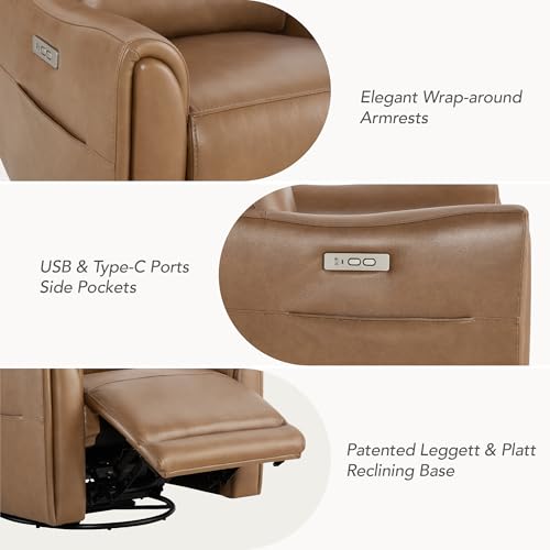 Watson & Whitely Genuine Leather Power Recliner Chairs for Adults, Swivel Glider Recliner Chair for Living Room with Charging Ports, Saddle