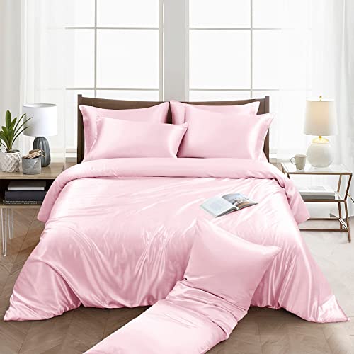 Ersmak 6 Pieces Satin Duvet Cover King Size Luxury Silky Bedding Duvet Cover Set with 1 Soft Duvet Cover, 4 King Pillowcases and 1 Body Pillowcase, Blush Pink Ersmak