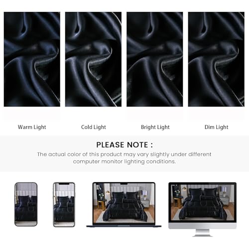 Bedding_Dreamer Black Silky Comforter Set Satin King Bed in a Bag 8 Pieces Luxury Hotel Silky Bedding with 1 Comforter, 1 Flat Sheet, 1 Fitted Sheet, 4 Pillowcases, 1 Cushion Cover (King, Black) Bedding_Dreamer