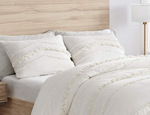 Bohemian Boho Chic Ivory Macrame Tufted Tassel 3 pc. Full / Queen Size Bed Bedding Set Duvet Comforter Cover Sham Solid Cream Textured Minimalist Off White Cotton Fringe Farmhouse Indie Neutral Rustic KB & Me