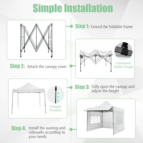 Tangkula 10x10 FT Pop Up Canopy, Outdoor Tent with 3 Sidewalls & Awning, Wheeled Bag, 4 Sandbags, 8 Stake, 4 Ropes, Portable Canopy Tent for Party Picnic Event Beach Camping (White) Tangkula