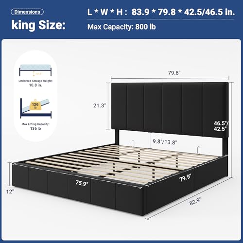 Allewie King Size Velvet Lift Up Storage Bed Frame, Vertical Channel Tufted Headboard, Hydrualic Underneath Storage, Upholstered Platform Bed, Wooden Slats Support, No Box Spring Needed, Black Allewie