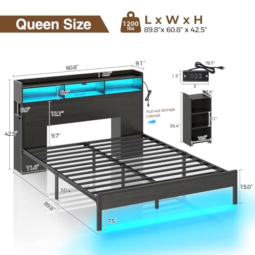 Rolanstar Bed Frame Queen Size with Bookcase Storage Headboard, Slide Out Bedside Storage, Bed with Charging Station & LED Lights, Heavy Duty Metal Slats, No Box Spring Needed, Noise Free, Black Rolanstar