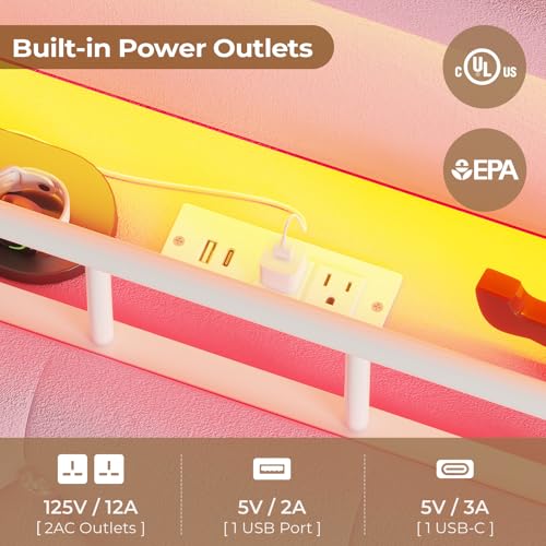 HAUOMS Full Bed Frame with LED Lights, Princess Velvet Upholstered Platform Bed for Girls, Headboard with Charging Station & Guardrail & Crystal Button, No Box Spring Needed, Pink HAUOMS