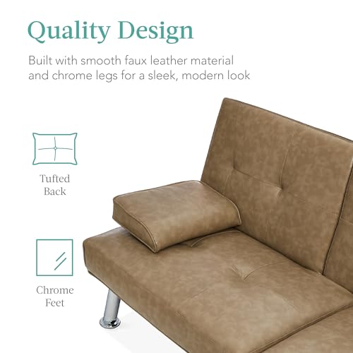 Best Choice Products Faux Leather Upholstered Modern Convertible Futon, Adjustable Folding Sofa Bed, Guest Bed w/Removable Armrests - Taupe Best Choice Products