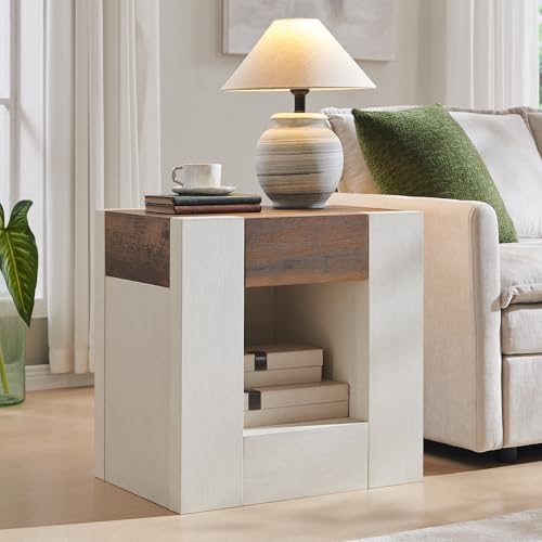OKD 24" Wide Modern Nightstand, Wood Night Stand with Charging Station & Hidden Drawer, Side Table Bedroom with Storage Shelf, End Table, Antique White OKD