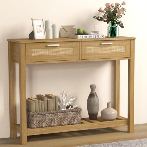 FUQARHY Console Table with 2 Rattan Drawers Boho Entryway Table with Storage Shelf, Narrow Wood Small Console Tables for Entryway, Entry Table for Hallway, Living Room, Foyer FUQARHY