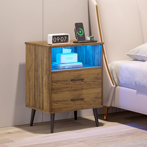 LVSOMT LED Nightstand with 3 Colors Dimmable Light, Bedroom Night Stand with Charging Station, Modern Smart Bed Side Table with 2 Drawers, Metal Legs, End Table for Living Room, Rustic Brown LVSOMT