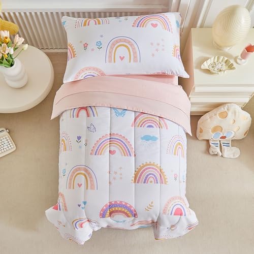 Joyreap 4 Piece Toddler Bedding Set- Pink Rainbow Lovely Design, Microfiber Toddler Bedding Comforter Set for Kids Girls Joyreap