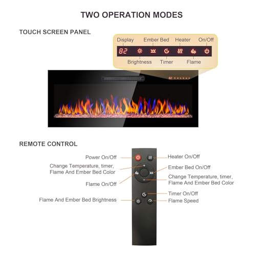 42" Electric Fireplace, Recessed Ultra-Thin Wall Fireplace Heater, Tempered Glass Front Wall Mounted Electric Fireplace with Remote and Multi Color Flame & Emberbed, LED Light Heater (42 inch) MTSVMP