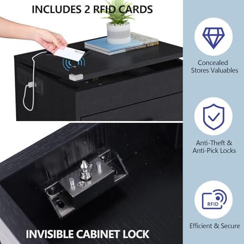 LED Nightstand with Charging Station & RFID Lock Cabinet, Modern Black Bedroom Nightstands with Drawer & Open Storage, Wooden Nightstands for Concealment, Smart Nightstand for Hidden Valuables Storage Gyfimoie