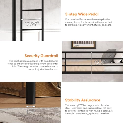 NestLude Metal Bunk Bed Twin Over Twin with Ladders & Guardrail, Industrial Beds Frame Heavy Duty 2 in 1, Space-Saving for Bedroom, Dormitory (Black) NestLude