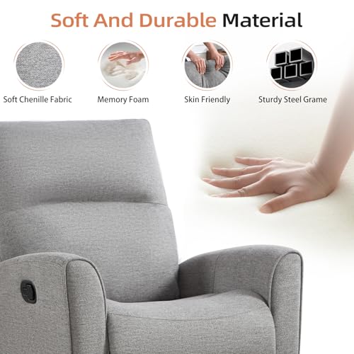 CANMOV Recliner Rocker Swivel Chair, Manual Chenille Glider Rocking Chair, Swivel Glider Recliners with Soft Backrest, 360° Swivel Nursery Reclining Sofa for Living Room Bedroom, Light Grey