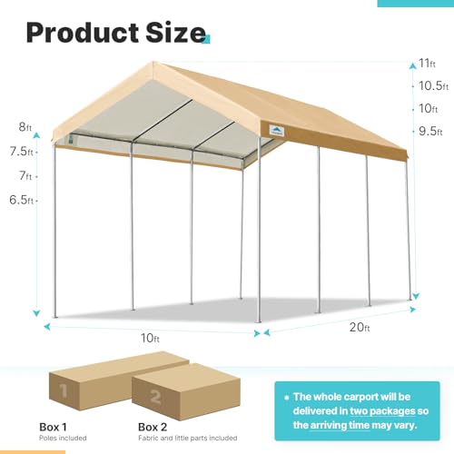 ADVANCE OUTDOOR 10x20 ft Heavy Duty Carport Potable Car Canopy Garage Party Tent Boat Shelter, Adjustable Height from 9.5 ft to 11 ft, Beige ADVANCE OUTDOOR