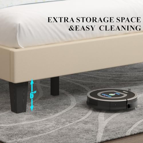 Benevika King Size Upholstered LED Bed Frame with Integrated USB Ports and Sturdy Wooden Slats - Beige Benevika