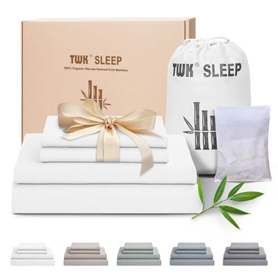 TWK Luxury Sheet Set, Genuine 100% Viscose Derived from Bamboo, Cooling & Breathable, Silky Soft, Bedding Sheets & Pillowcases (White, King(78 * 80 * 15))