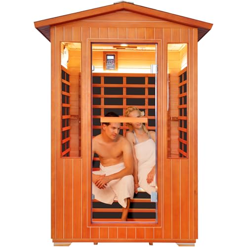Outdoor Sauna 2 Person Sauna Infrared Saunas Dry Sauna Room 2080W/110V Low EMF Outer Board Red Cedar/Inner Board Fir Wood, Oxygen Bar, Speaker, LCD Control Screen, LED Lights - 48.8*38.2*81.9 in HOSAUNA