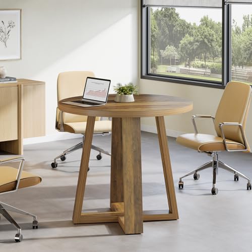 Tribesigns Round Conference Table for 2-4 People, 31.5-Inch Small Wooden Office Table with Sturdy Base, Farmhouse Home Office Meeting Desk for Small Spaces, Rustic Brown Tribesigns