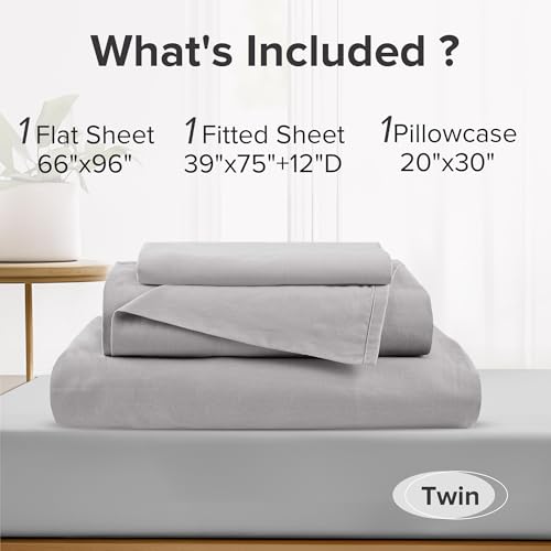 Comfort Spaces 100% Cotton Sheet Set Breathable, Lightweight, Soft with 12" Elastic Pocket Fits up to 14" Mattress, All Season Cozy Bedding, Matching Pillow Case, Twin Grey 3 Piece Comfort Spaces