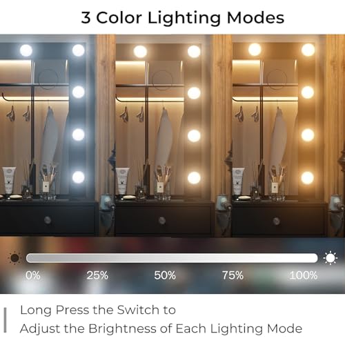 Yanosaku Vanity Desk & Power Outl, Makeup Vanity with Mirror and 12 LED Lights, Makeup Table with 11 Drawers, Vanity Table with Chair,Vanity Set 3 Lighting Modes Brightness Adjustable(Black) Yanosaku