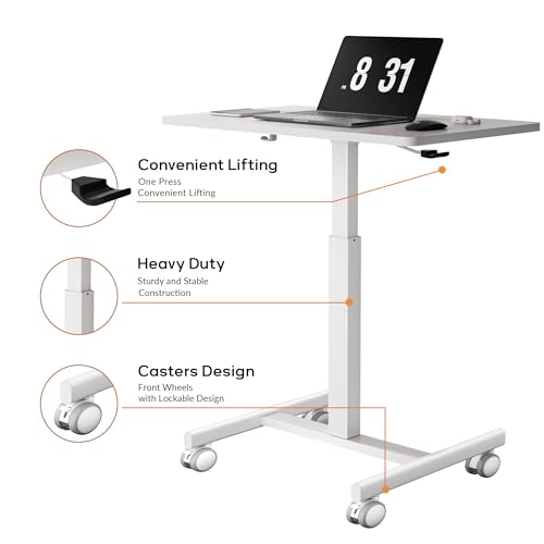 CROWNFURN Mobile Small Standing Rolling Desk Adjustable Height, Portable Laptop Desk on Wheels, Workstation for Home Office with Hook,White CROWNFURN