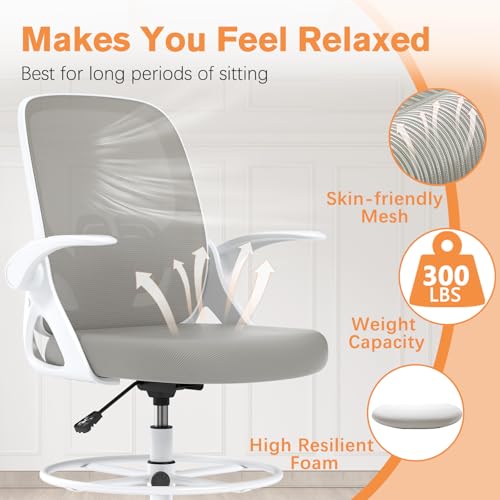 ORRSAKER Tall Drafting Chair with Lumbar Support and Footrest Ring, Supportive Tall Extended Height Ergonomic Desk Chair for Home Work, Breathable Mesh Office Chair with Flip up Arms(Gray) ORRSAKER