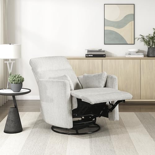 Lexicon Upholstered Swivel Recliner Chair - 360 Swivel Accent Chair Nursery Glider, Manual Recliner with Pull Handle, Microfiber, 2 Pillows, Easy Pull-Handle for Living Room/Bedroom/Apartment, Beige