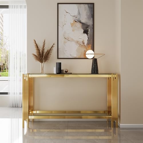 HomVent Rectangular Glass Console Table, Modern Side Sofa Table w/2 Layer Tempered Glass Living Room Table and Mirror Finished Stainless Steel Frame for Living Room Office (Gold, Console Table) HomVent