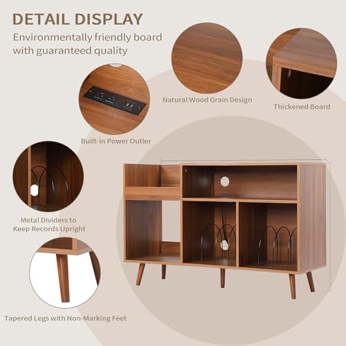 Record Player Stand with Charging Station & USB Ports, Mid-Century Turntable Stand Table Holds Up to 300 Albums, Vinyl Record Storage Cabinet with Wood Legs for Living Room Office(Walnut) Oubayajia