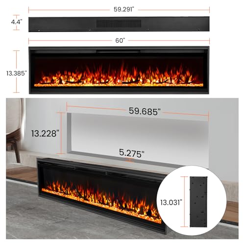 TUAN Electric Fireplace Inserts, Ultra Thin Wall Mounted Fireplace with Remote Control, Multicolor Realistic Flame, Touch Screen, Thermostat, Timer, 750w/1500w (Log & Crystal Included) (60 inch) TUAN