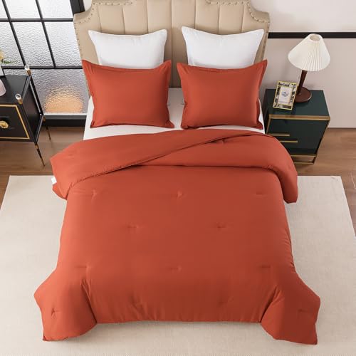 Caressma Full Comforter Set Burnt Orange, Soft Prewashed Solid 3 Pieces Bedding Comforter for All Seasons,Fluffy Microfiber Terracotta Boho Comforter (79"x90") for All Seasons with Pillowshams Caressma