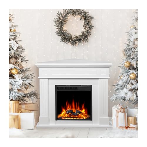 ZAFRO 43 Inch Corner Fireplace TV Stand with Mantel - Electric Fireplace Heater, Wooden Entertainment Center, Adjustable LED Flame, White ZAFRO
