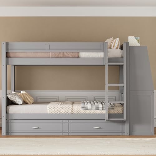 Merax Full Over Full Size Multifunctional Bunk Bed with Trundle, Desk, Bookshelves, Modern Loft Bed Frame with Ladder, Storage Shelves, and Guardrail for Teens, Gray Merax