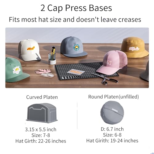 EENOUR Hat Press Machine, Mini Heat Press for Caps with 3 Heating Levels & Auto-Off, Handheld Cap Easy Press with 3"×5.5" Arched Heating Plate for 6-8 Hat Size, 19-26 Girth EENOUR