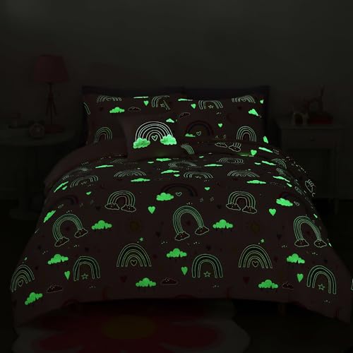 Kaleido Space Glow in The Dark Kids Comforter Set Full Size for Girls, Pink Rainbow Bedding Set 1 Comforter, 1 Decor Pillow, 2 Pillow Shams Kaleido Space