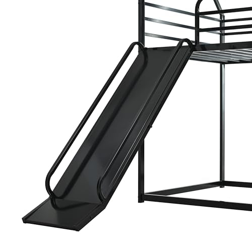 AEMSOFK Bunk Bed with Slide for Kids,Bunk Bed Twin Over Twin, Metal Junior House Low Bunk Bed, Toddler Floor Bunk Beds Frame with Guardrail for Kids, Convertible Slide and Ladder Noise Free(New Black) AEMSOFK