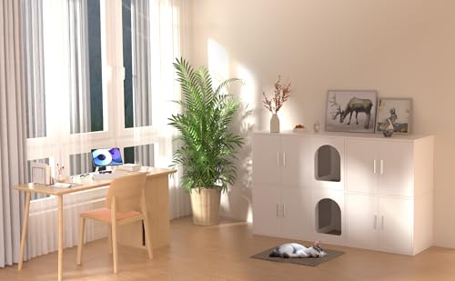 Amunrbrek Double Litter Box Enclosure, Litter Box Enclosure for 2 Litter Boxes, Modern Litter Box Furniture for 2 Cats, with Cat Door & Motion Light (White) amunrbrek