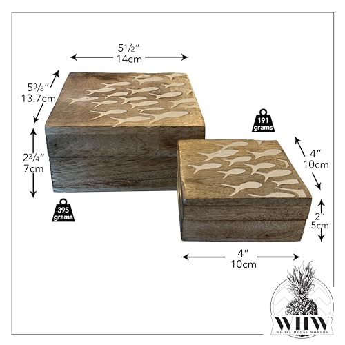 WHW Whole House Worlds Cape Cod Boxes, Set of 2, Keepsake and Trinkets, Natural Wood with Carved White Fish Accents, Nesting, Hinged, 5.5 and 4 Inches WHW Whole House Worlds