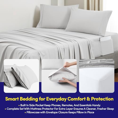 Queen Comforter Set Quilted Stripe Bedding Bundle β Comforter, Mattress Protector, Sheets with Pockets on the Side & Built-in Corner Strap β Fitted Sheet Media Pocket for Devices, Gray/Silver Sweet Home Collection