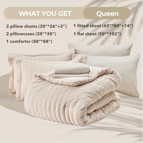 HYMOKEGE Beige Queen Comforter Set Seersucker 7 Pieces, All Season Luxury Bed in a Bag for Bedroom, Bedding Set with Comforters, Sheets, Pillowcases & Shams HYMOKEGE