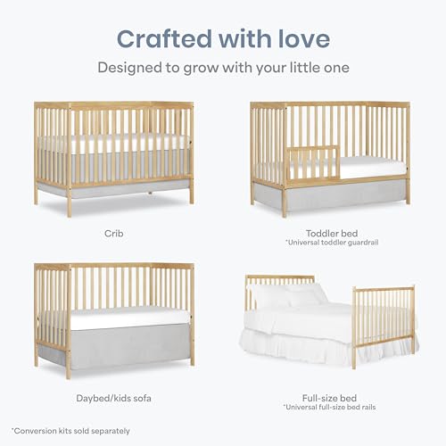Dream On Me Synergy 5-in-1 Convertible Full-Size Baby Crib with Toddler, Day & Full Bed Conversion in Natural, GreenGuard Gold & BSA, 3 Mattress Heights, Sustainable Pinewood