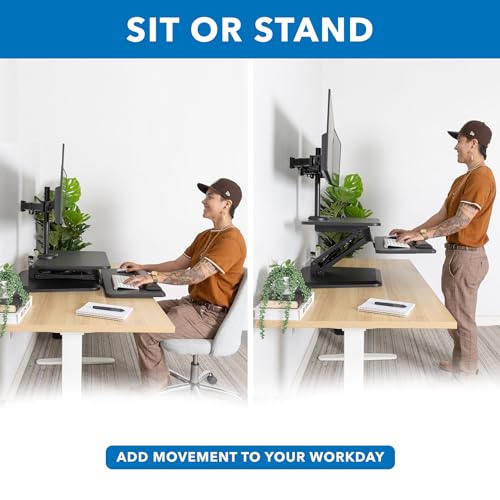 Mount-It! Standing Desk Converter, Stand Up Desk Riser with Dual Monitor Mount, Adjustable Workstation in Black, Top Platform 23" Wide, Keyboard Mouse Tray 27" Wide, Raises 5" to 17" Tall Mount-It!