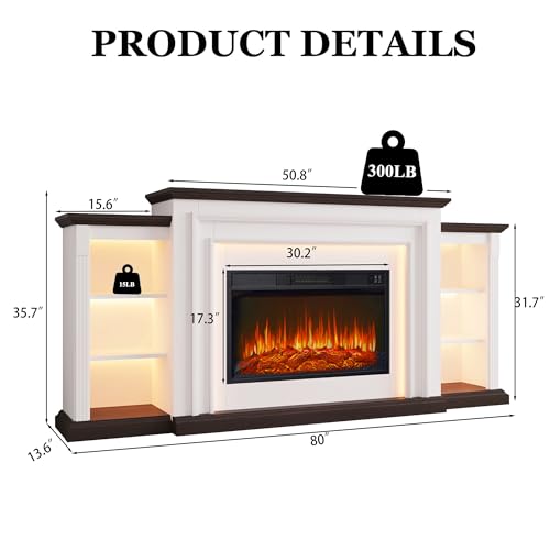 80" LED Electric Fireplace with Mantel, Fireplace TV Stand for 90 Inch TV, Modern Entertainment Center with Storage, Delicate Three-Dimensional Molding with Remote Control for Living Room BOSHIRO