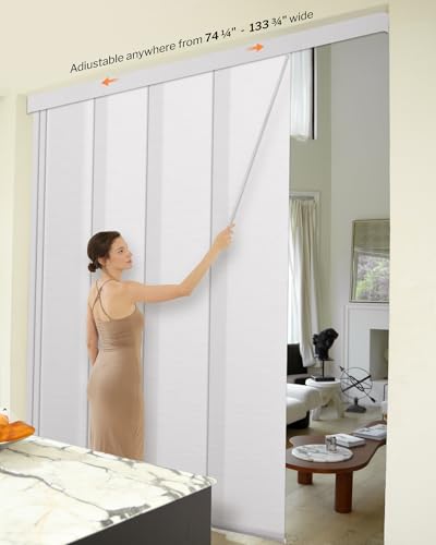 Heefen Adjustable Panel Track Blinds Light Filteringt Vertical Blinds with Valance, Sliding Glass Door Blinds, Room Dividers, Retractable Track from 74" to 133" W, Trimmable Panel Up to 102" H (White) Heefen