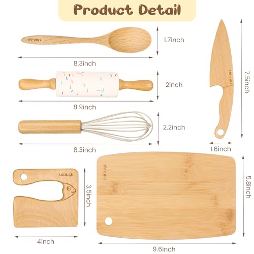 LUOLAO Wooden Kids Safe Knife and Kids Baking Set for Real Cooking, 6 PCS Toddler Montessori Kitchen Tools, Cooking and Baking for Kids Little Chefs LUOLAO